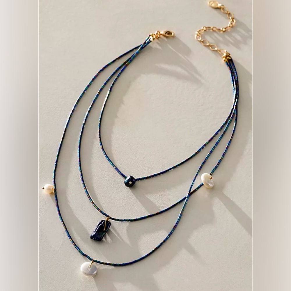 Free People Layered Navy Blue Beaded Necklace with Pearls and Gold Accents